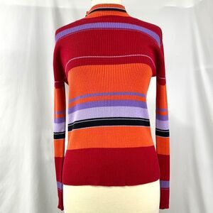 TELLURIDE Vintage 90s Multicolor Striped Rib Knit Mock Neck Sweater S Retro 70s